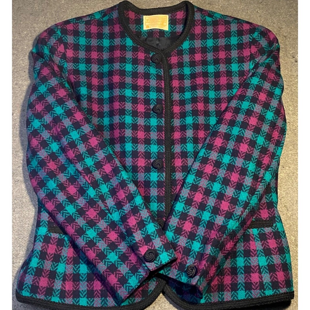 VTG PENDLETON Jacket Womens SZ 12 100% VIRGIN WOOL Plaid USA Purple Teal‎ Mills